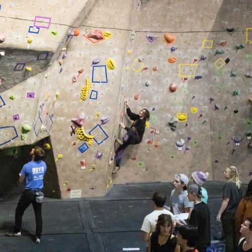 Two people on climbing wall, one person watching from below in blue shirt; crowd at left