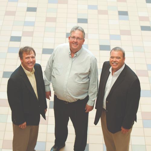 from left are Bart Merkle, Bob Stoll and Andy Beachnau standing in the Kirkhof Center, photo taken from above