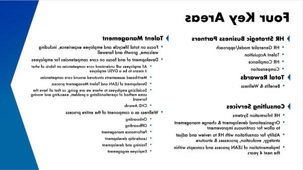 幻灯片图片详细说明了四个关键领域:人力资源战略业务合作伙伴, 咨询服务, 人才管理和全面奖励