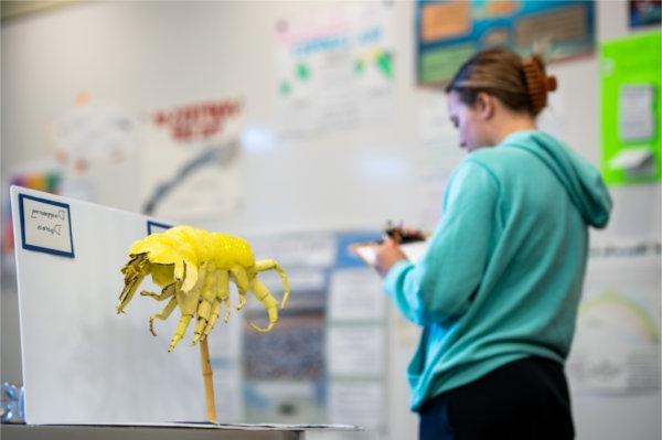 A giant yellow creature that looks like a bug is in the foreground, while there is a student holding a clipboard looking at posters in the background. 