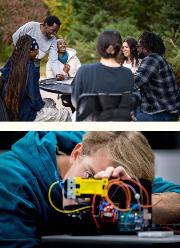 上图是大学生们围在桌子旁大笑的照片. 下图是一个学生的眼睛专注地看着机器人比赛项目. 