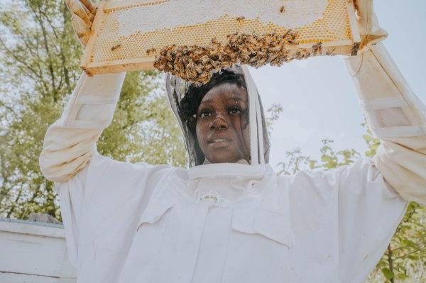 一个穿着蜜蜂服的学生举着一个上面有蜜蜂的蜂巢架.